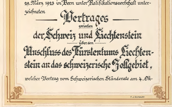Ausschnitt der Ratifikationsurkunde vom 26.12.1923 zum Zollanschlussvertrag Liechtensteins mit der Schweiz vom 29.03.1923 