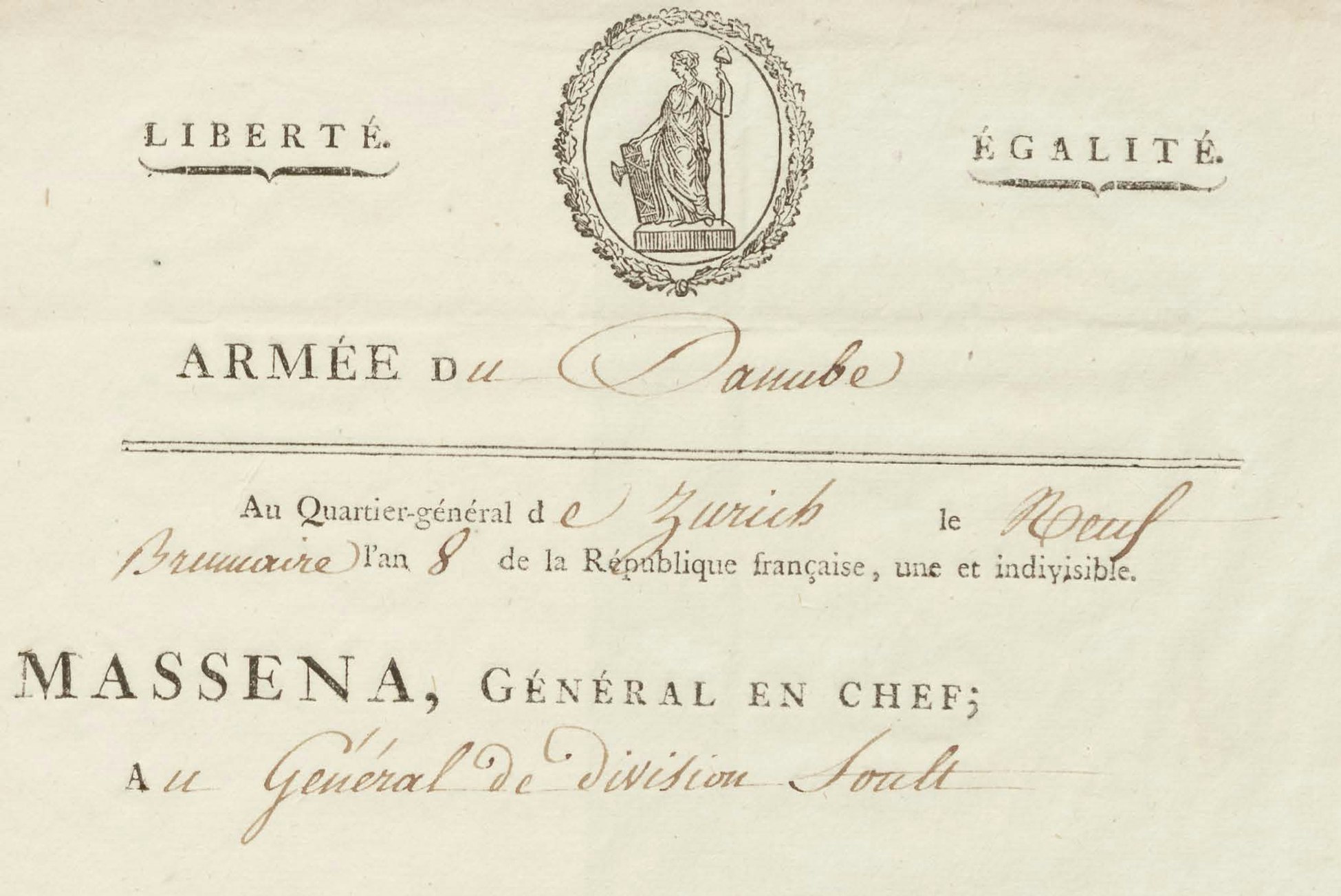 Briefkopf, General Masséna an General Soult, 31.10.1799