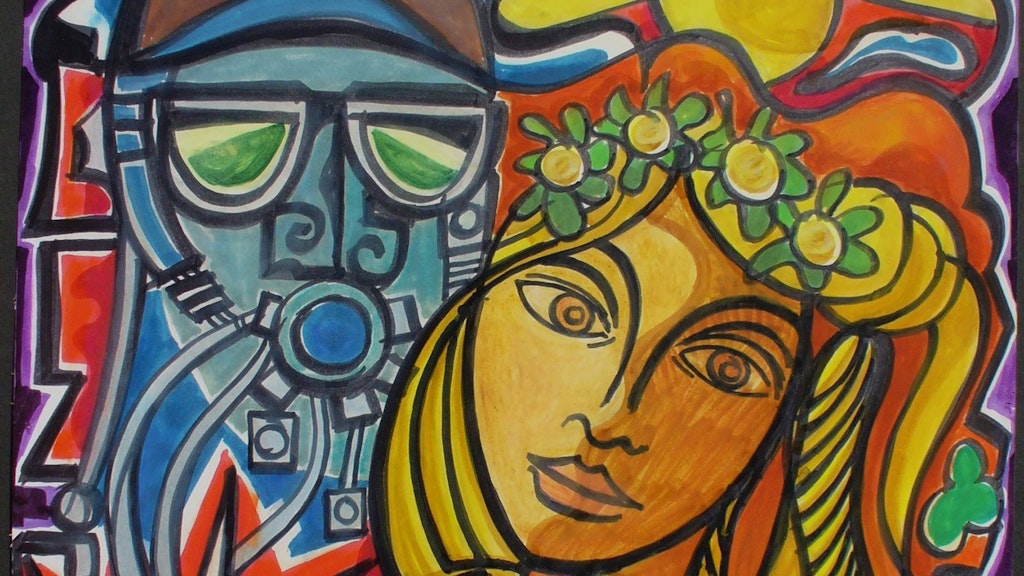 Zwischen zwei Welten – Zukunftsvision von Georg Gessler. Farbige Malerei, links eine Person mit gasmaskenähnlichem Ding und Brille, die grün reflektiert. Rchts davon eine Frau mit Blumenschmuck im Haar. Bildausschnitt, v. a. oben wurde das Bild abgeschnitten.