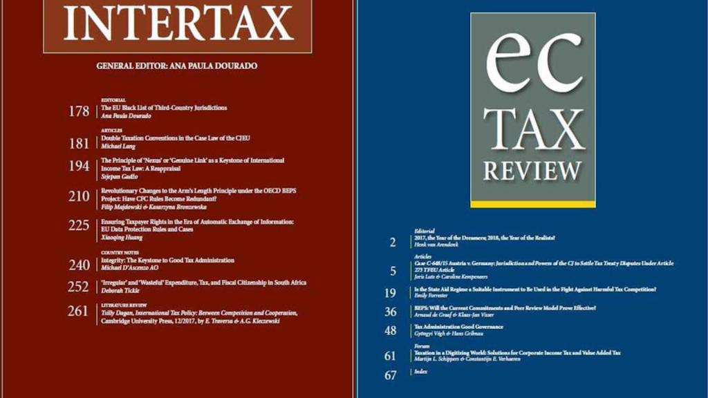 Das Bild zeigt die Titelseiten der Zeitschriften Intertax und EC Tax Review