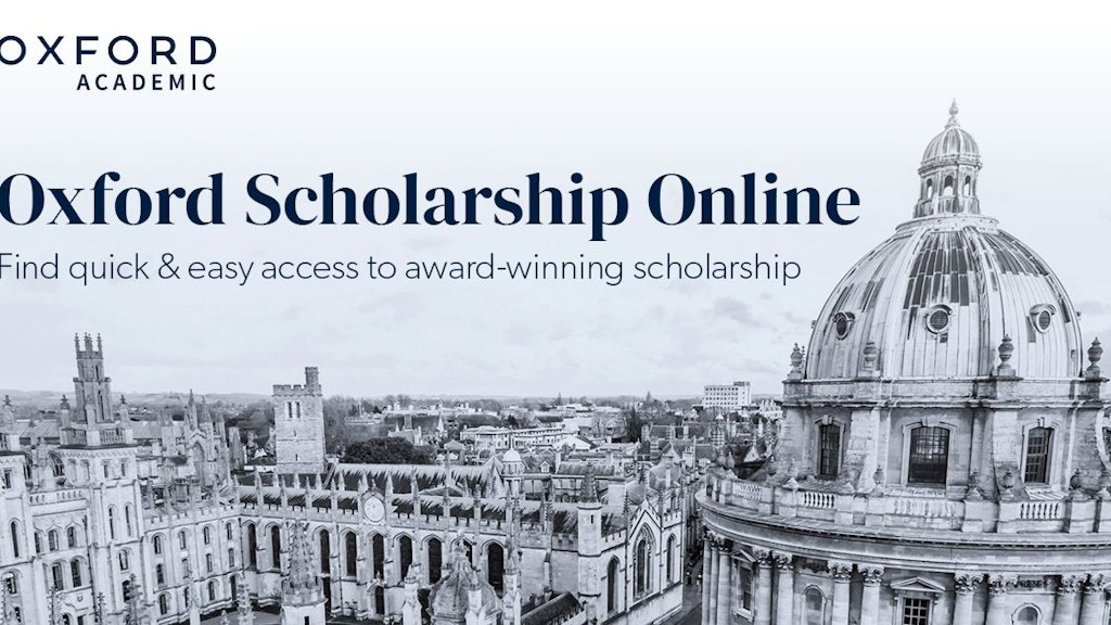 Il logo della Oxford Scholarship Online su uno sfondo raffigurante una veduta della città di Oxford.
