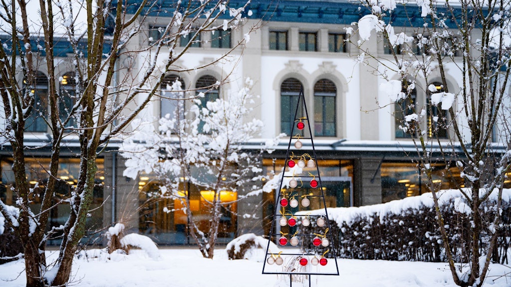 The picture shows the BiG in the snow and a metal Christmas tree with baubles.
