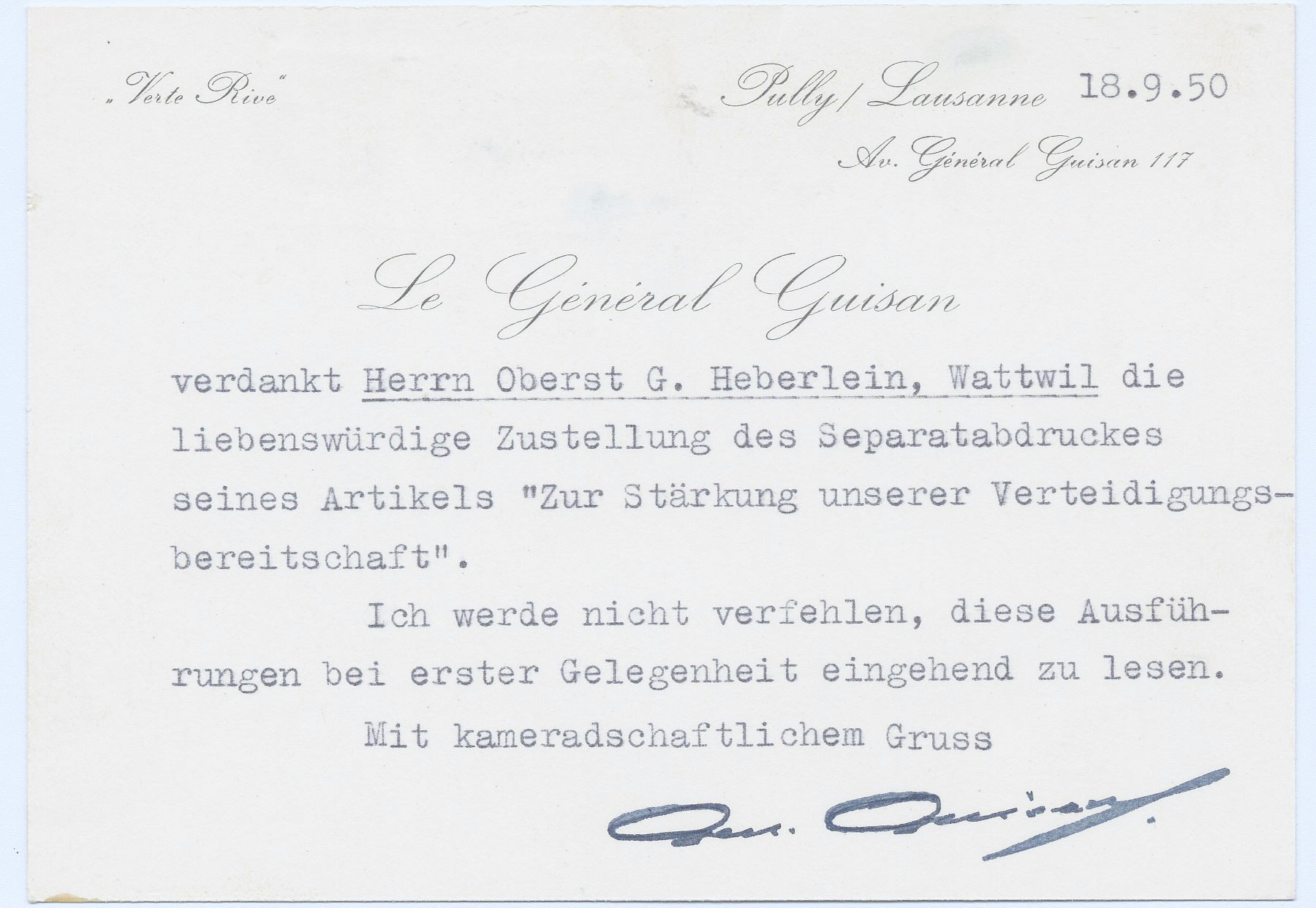 Dankesbrief an Georg Heberlein vom 18. September 1950