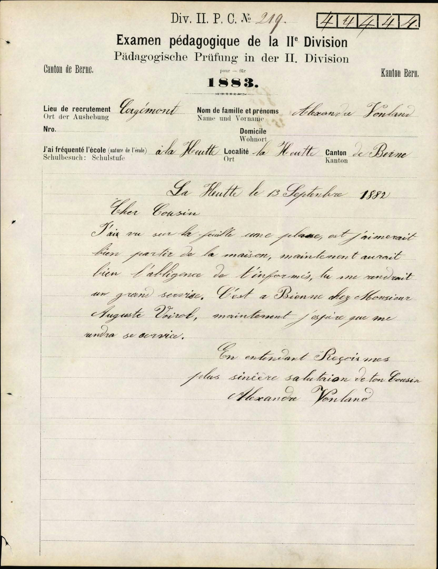 Pädagogische Rekrutenprüfung von Alexandre Vonland, 1883