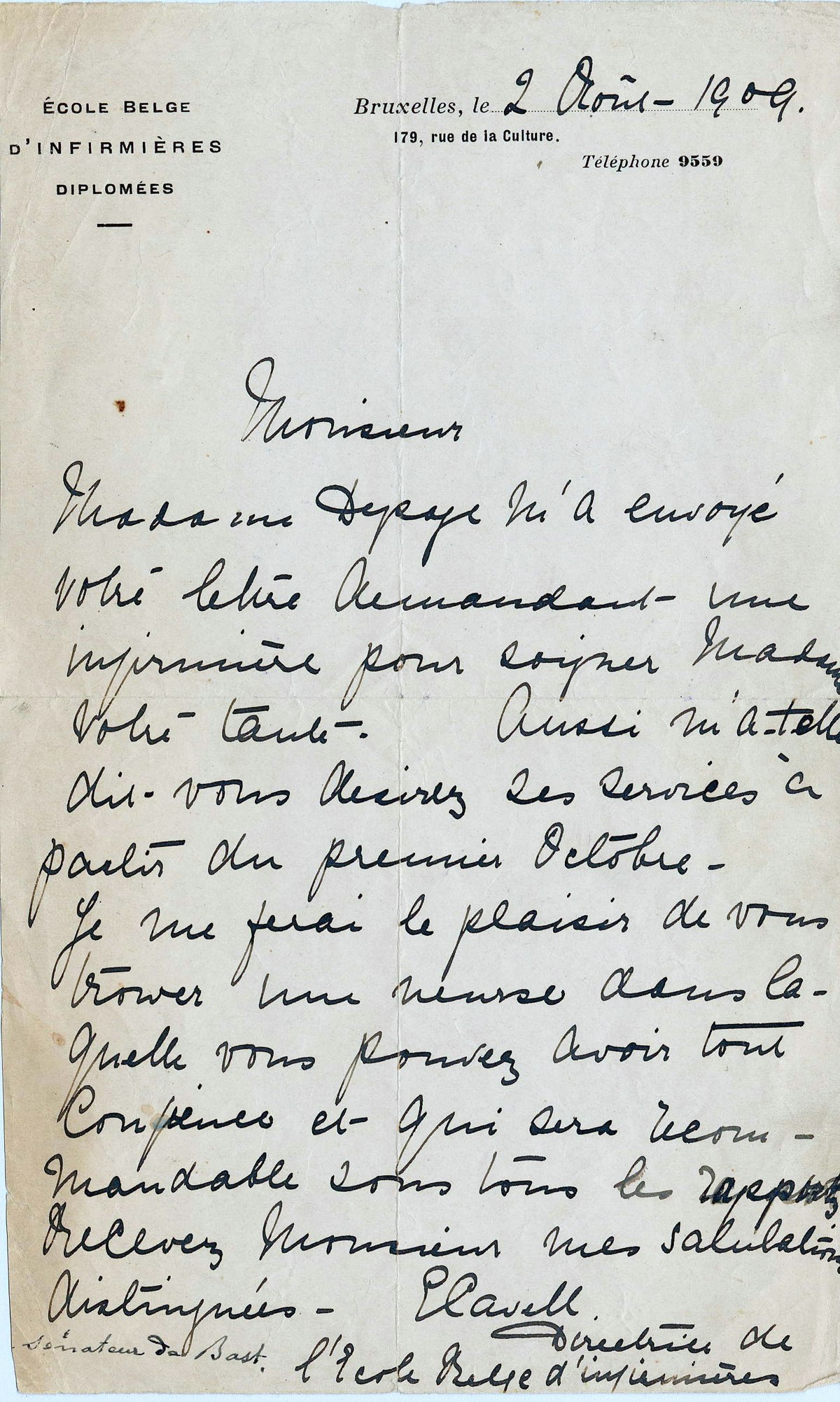 Brief der englischen Krankenschwester Edith Cavell vom 2. August 1909