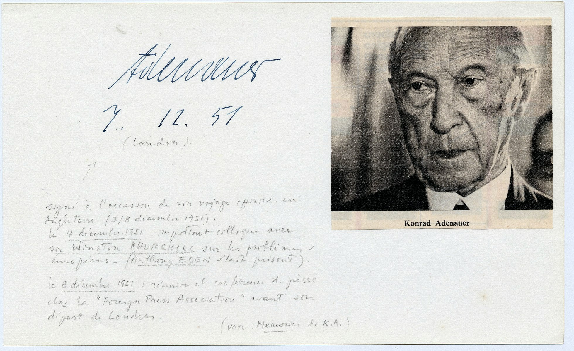 Albumblatt mit Bild und Unterschrift, 7. Dezember 1951