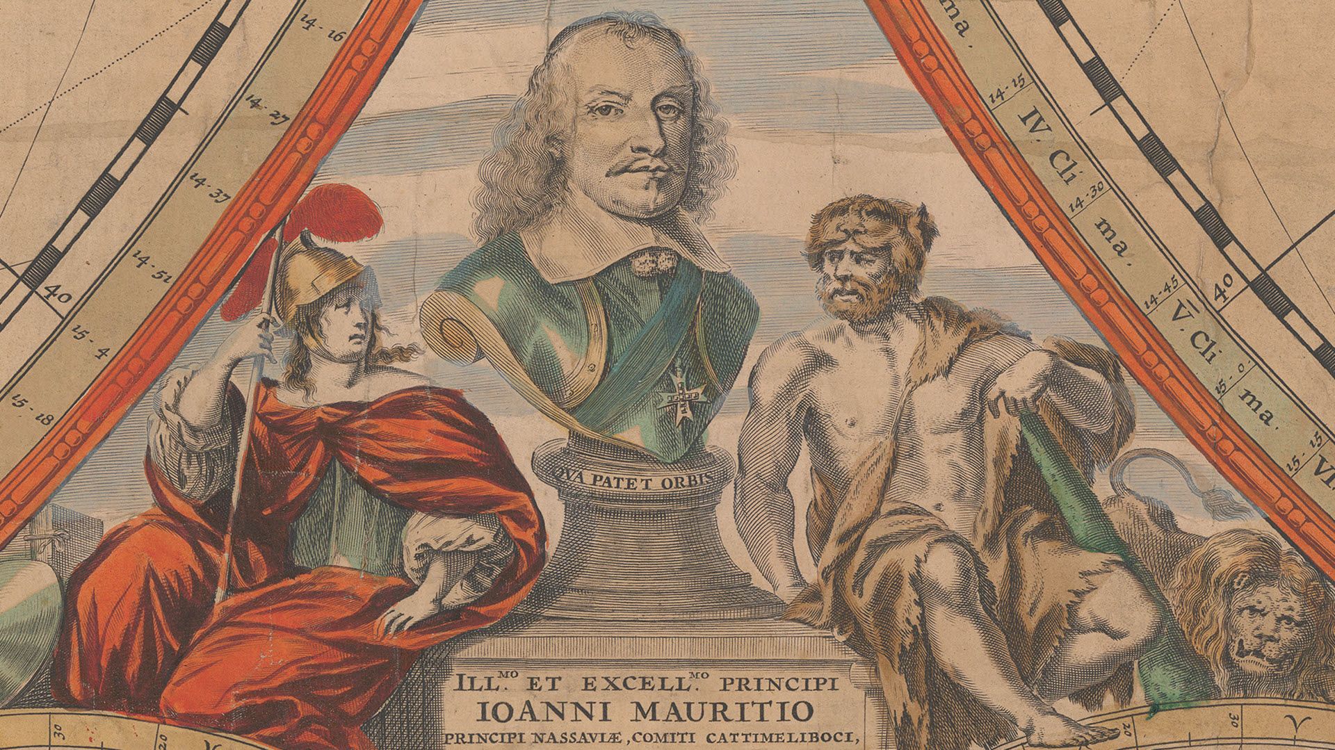 Der Kartenausschnitt zeigt das Portrait von Johann Moritz von Nassau-Siegen (1604–1679), umrahmt von Minerva und Herkules. Daran erkennt man, dass es sich um den ersten Zustand der Karte handelt. Spätere Versionen zeigen Kaiser Joseph I.