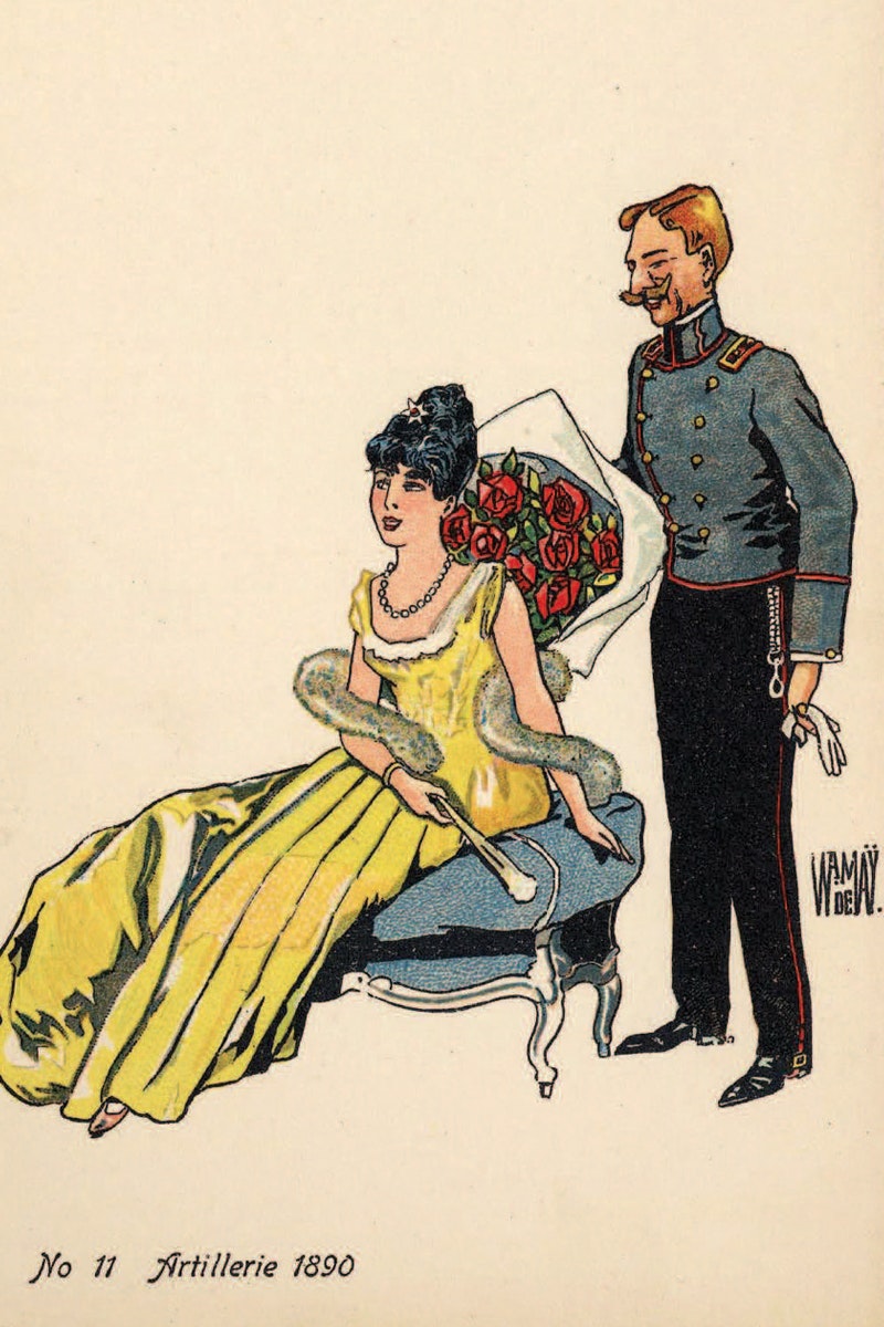 Artillerie-Offizier mit Ordonnanz 1888 überreicht Dame Blumenstrauss.