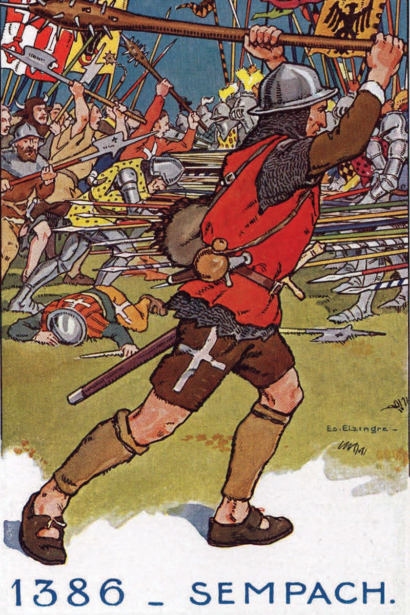 Links eidgenössische Truppen mit Winkelried (gelber Umhang), der sich in die gegnerischen Lanzen stürzt und somit ein Vorrücken und ein Durchbrechen der habsburgischen Linie ermöglichte.