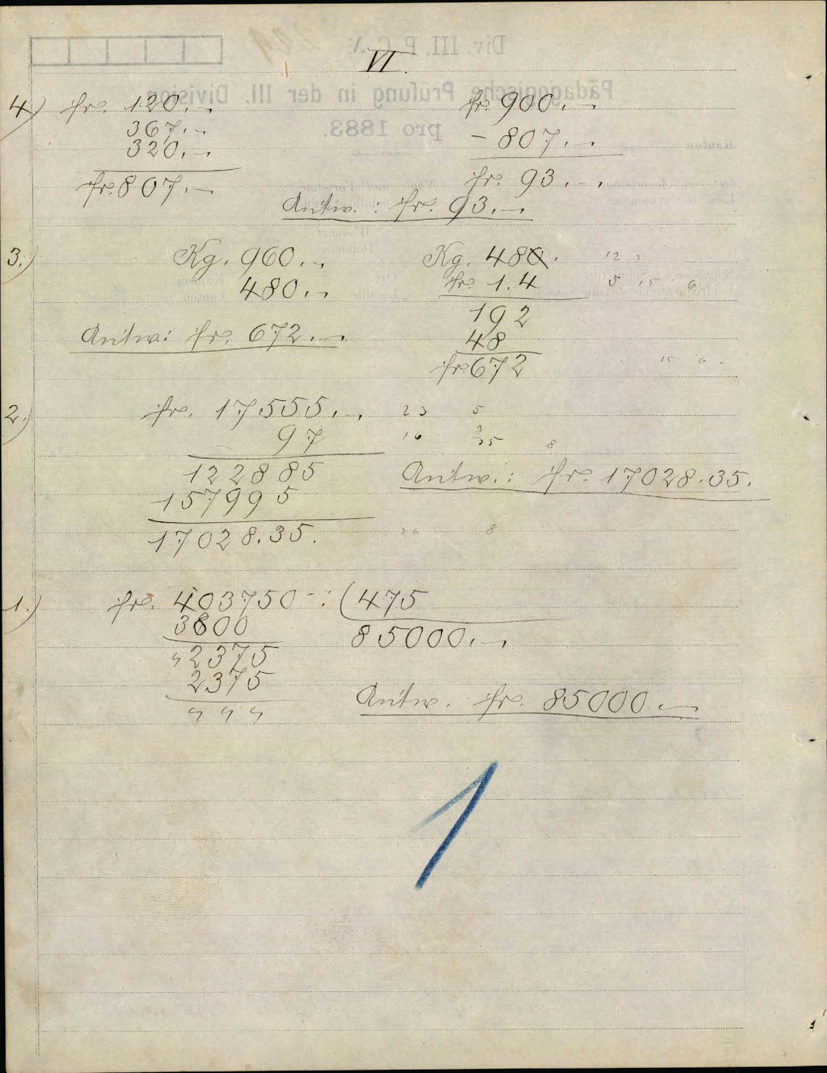 Pädagogische Rekrutenprüfung 1882, Rechnen