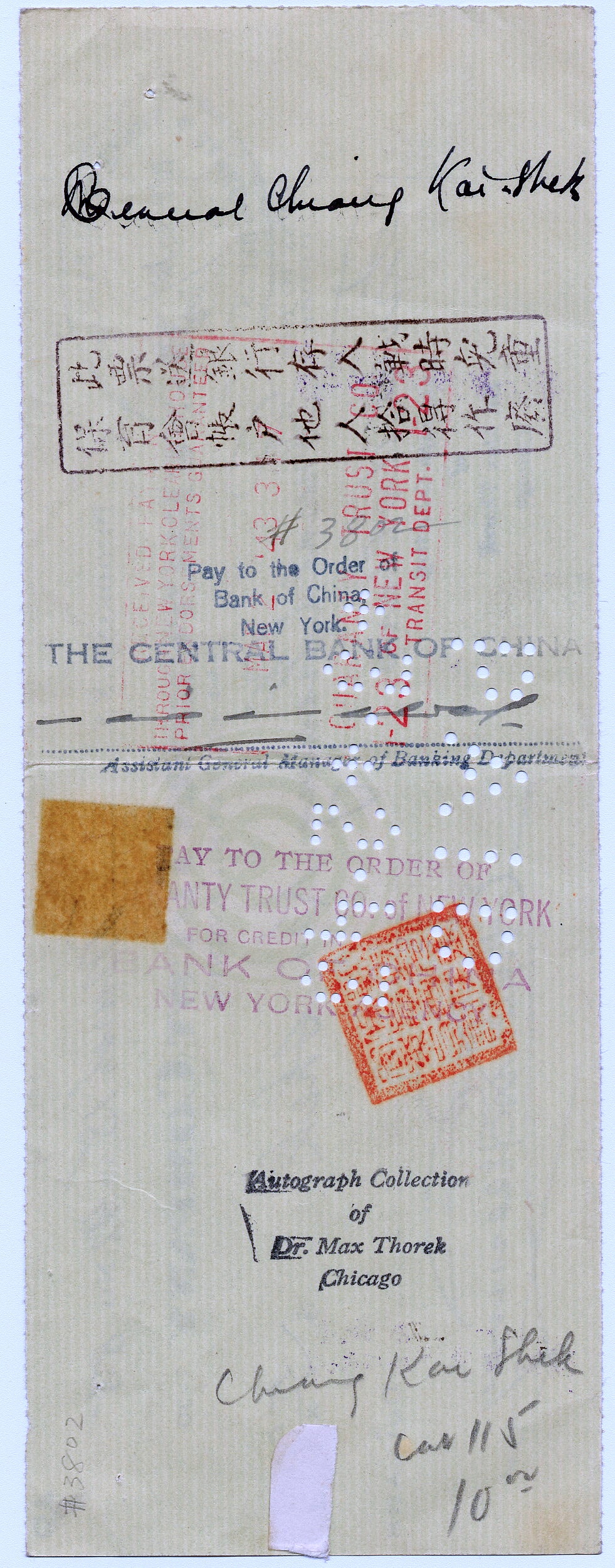 Bankcheck unterzeichnet von Tschiang Kai-schek, 18. März 1942 (Rückseite)