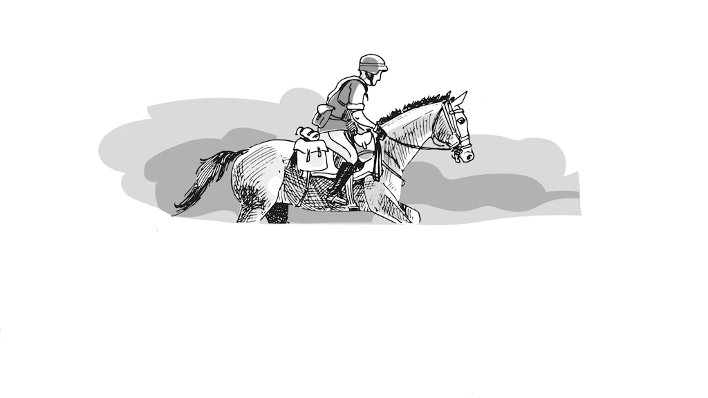 Die schwarzweisse Illustration zeigt einen Patrouillenreiter, welcher vom Künstler Henry Althaus gezeichnet wurde.