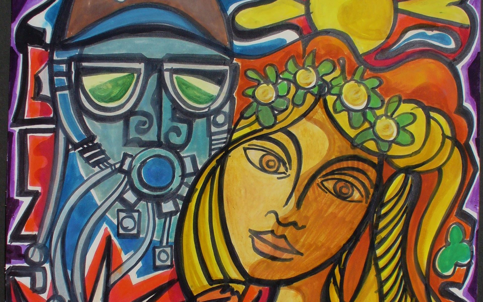 Zwischen zwei Welten – Zukunftsvision von Georg Gessler. Farbige Malerei, links eine Person mit gasmaskenähnlichem Ding und Brille, die grün reflektiert. Rchts davon eine Frau mit Blumenschmuck im Haar. Bildausschnitt, v. a. oben wurde das Bild abgeschnitten.