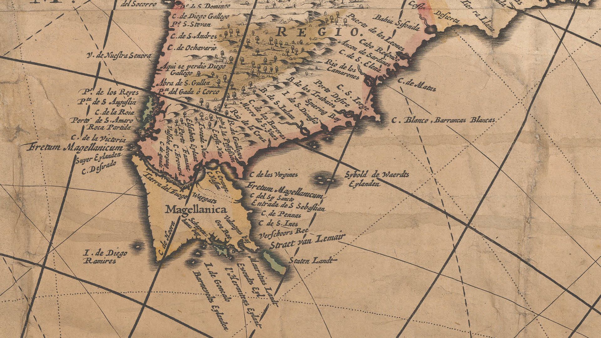 Auf dem Kartenausschnitt Südamerikas ist die Magellanstrasse sehr detailliert eingezeichnet.