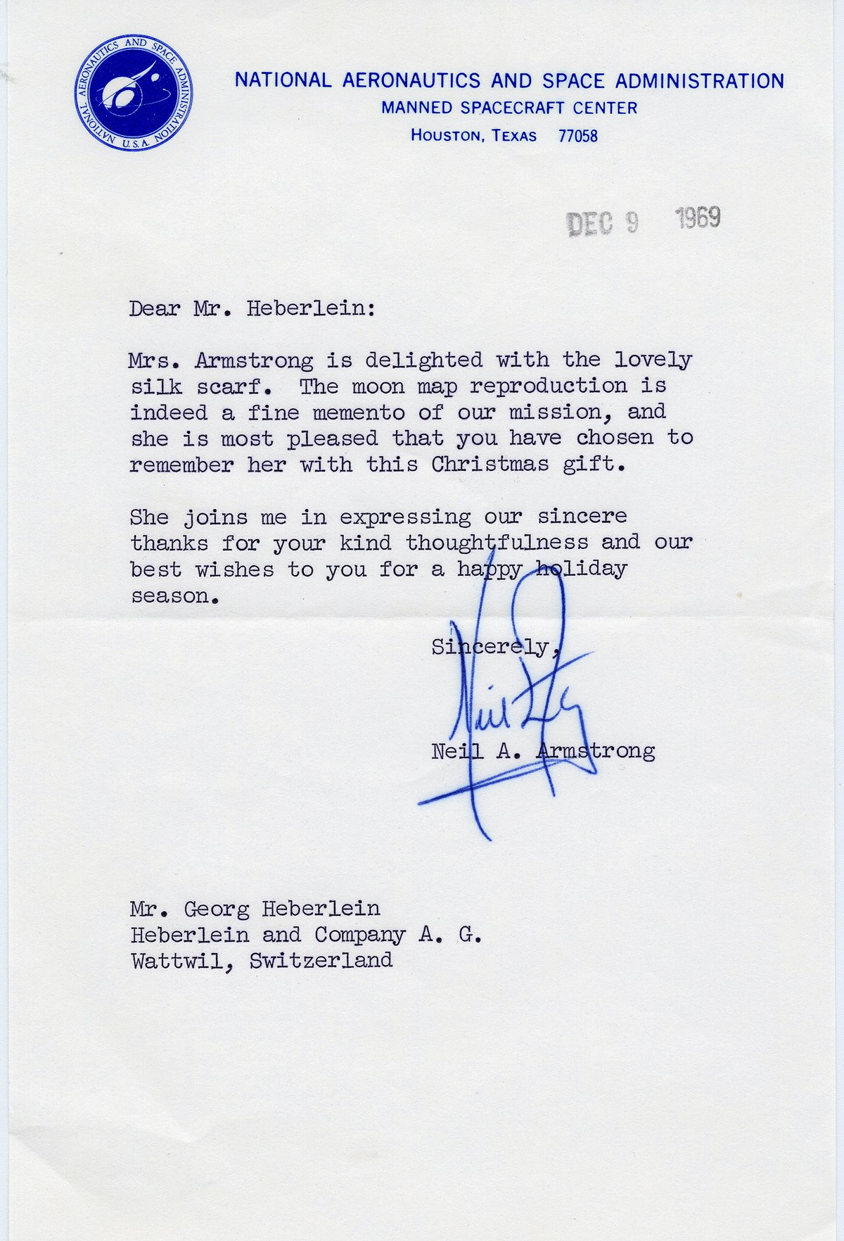 Brief des Astronauten Neil Armstrong an Georg Heberlein, 9. Dezember 1969