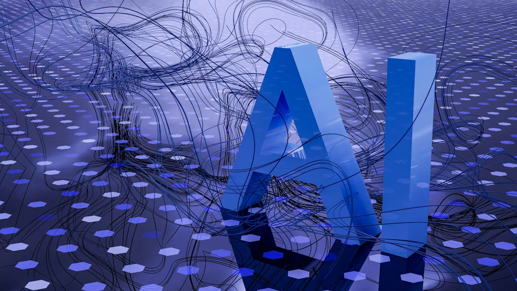 Auf dem Foto sind die Buchstaben A und I im 3D-Format in einem Konstrukt von unterschiedlich verlaufenden Fäden zu sehen.