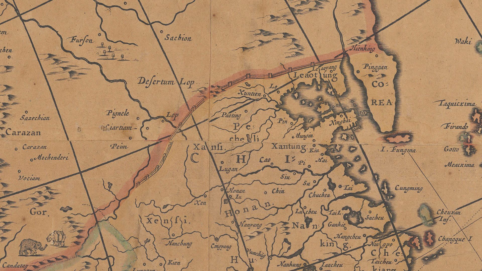 Sur cet extrait de carte, la Grande Muraille de Chine est même représentée.