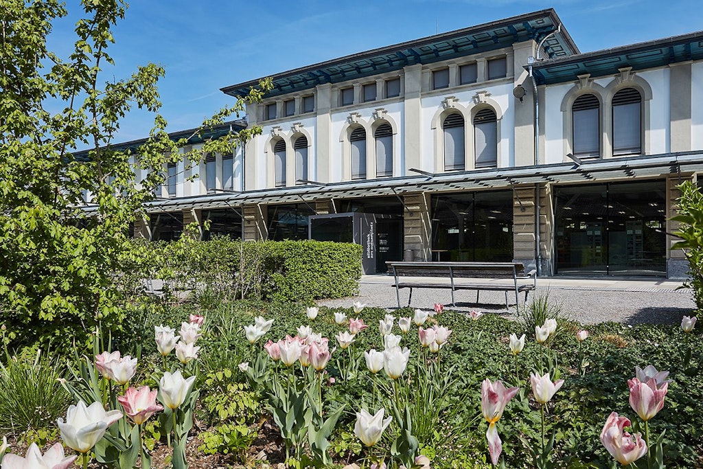 Sur la photo, on voit le BiG au printemps avec des tulipes au premier plan.