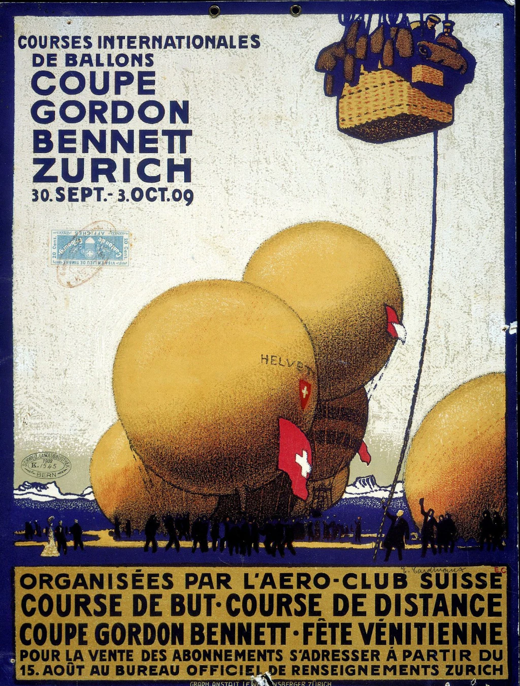 Il manifesto mostra diversi palloni sferici in occasione della competizione «Gordon Bennett» svoltasi nel 1909 a Zurigo. (Gabinetto delle stampe di Berna SNL_SPOR_413, disponibile online)
