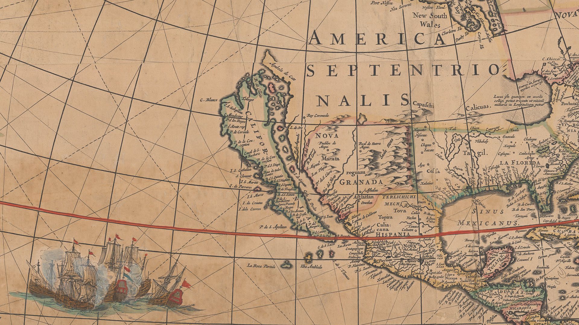 Il dettaglio mostra la California rappresentata come un’isola, rispecchiando le conoscenze dell’epoca in Europa occidentale. 